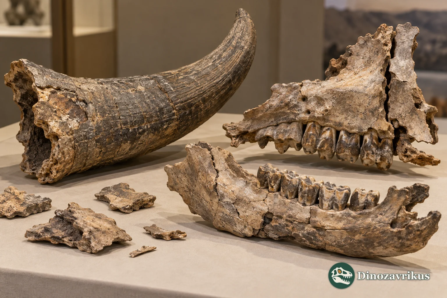 Illustrative bovid horn core and jaw fragments