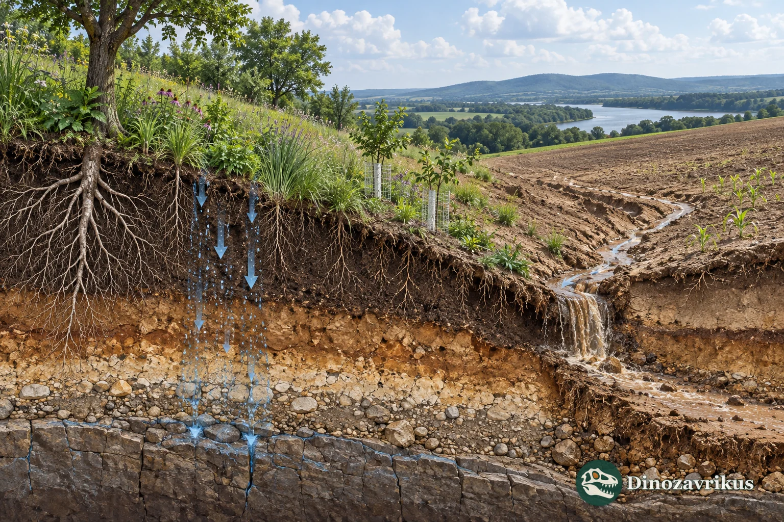 Cutaway landscape showing healthy rooted soil beside an eroded field and runoff channel