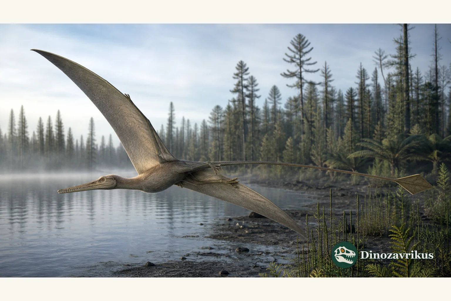 Sordes reconstructed flying above a Jurassic lakeshore