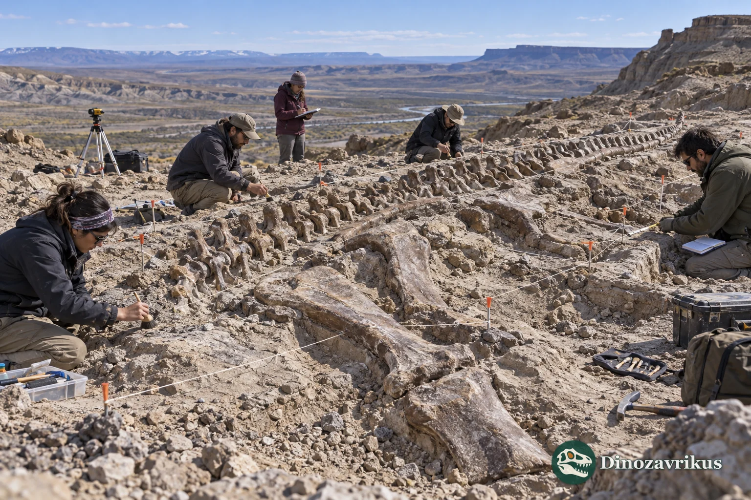 Contemporary field researchers mapping and excavating a sauropod fossil in Patagonia