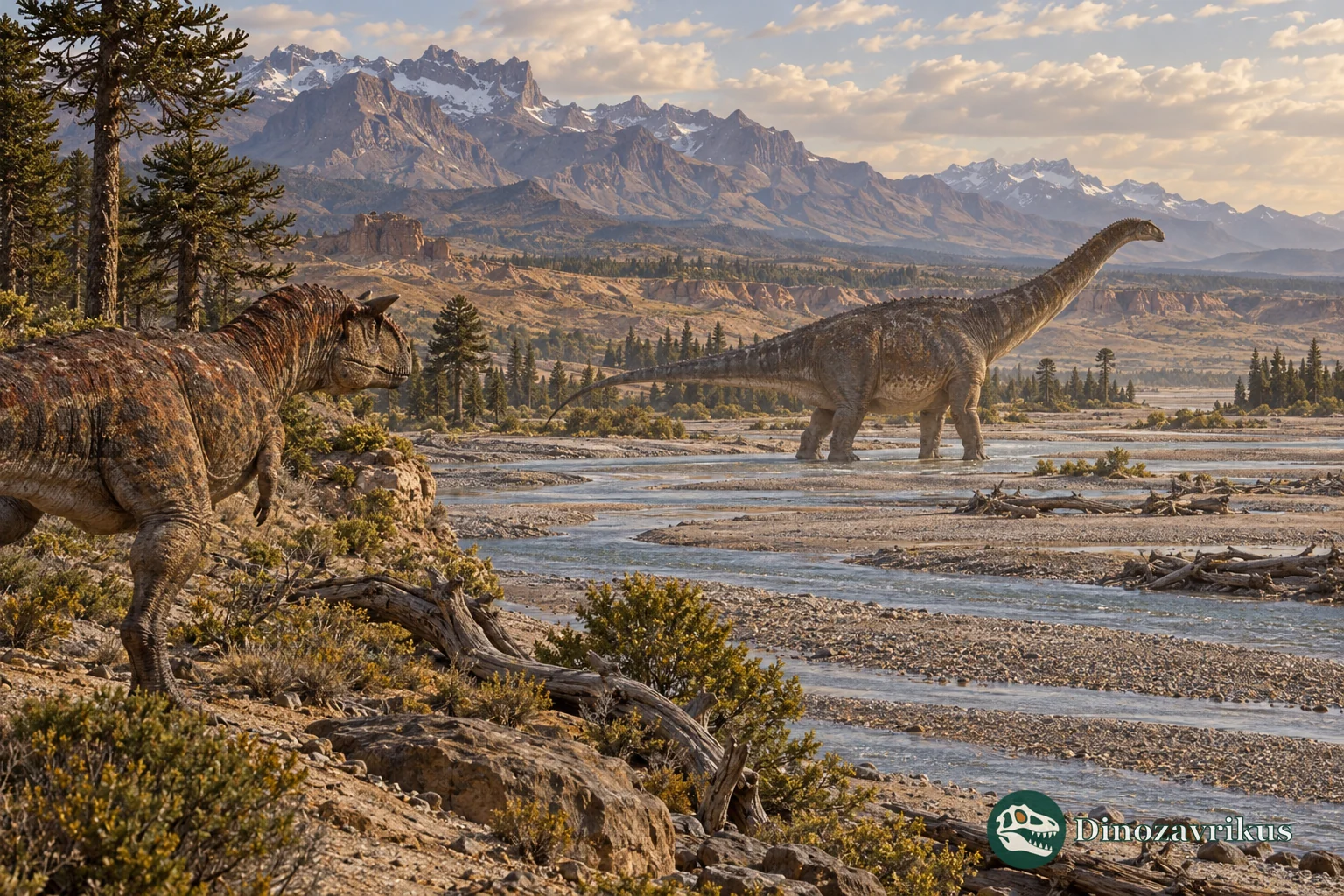 A reconstruction of South American dinosaurs in a river valley, with a theropod and sauropods in the distance