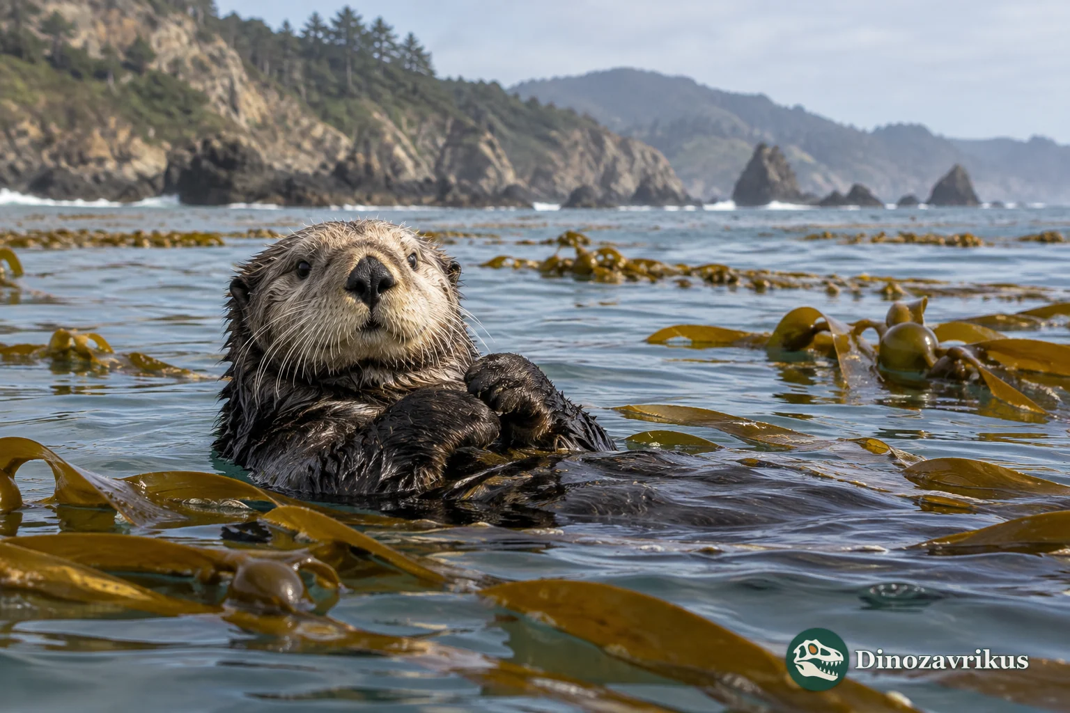 Southern sea otter floating in a central California kelp forest