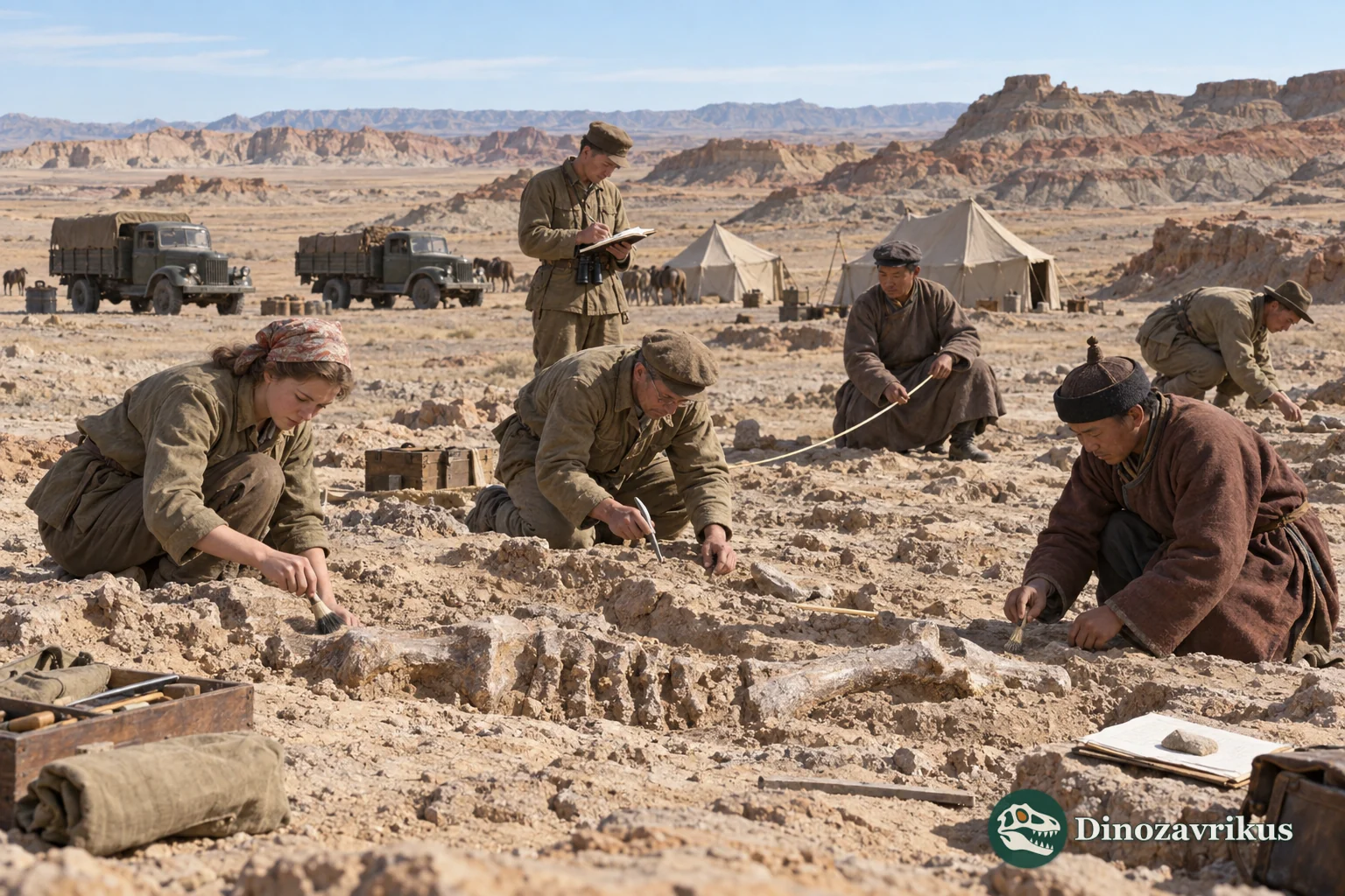 A field researcher excavating fossil bones in a Gobi Desert outcrop