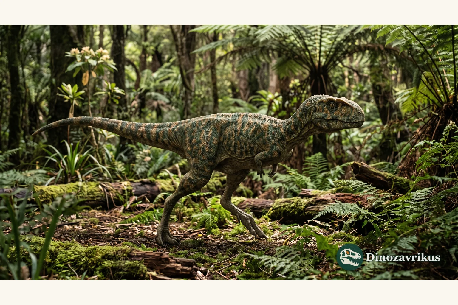 Scientific reconstruction of Spectrovenator ragei near an Early Cretaceous lake in Brazil