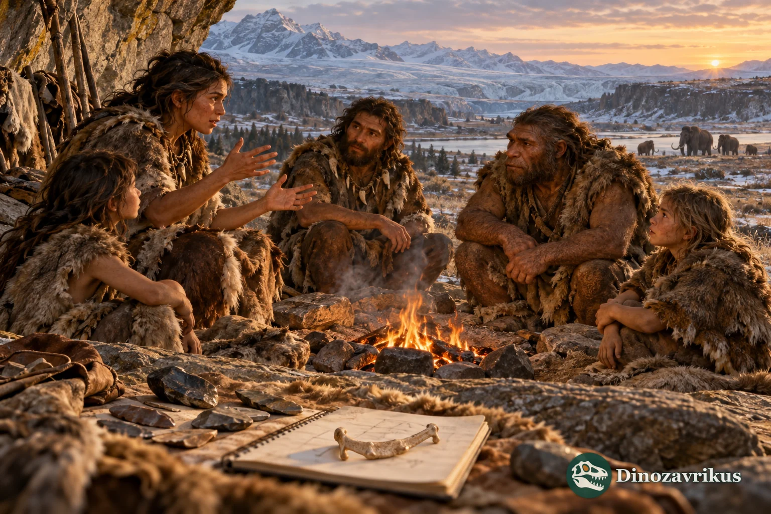Pleistocene people communicating beside a fire, with a hyoid-shaped fossil replica in the foreground