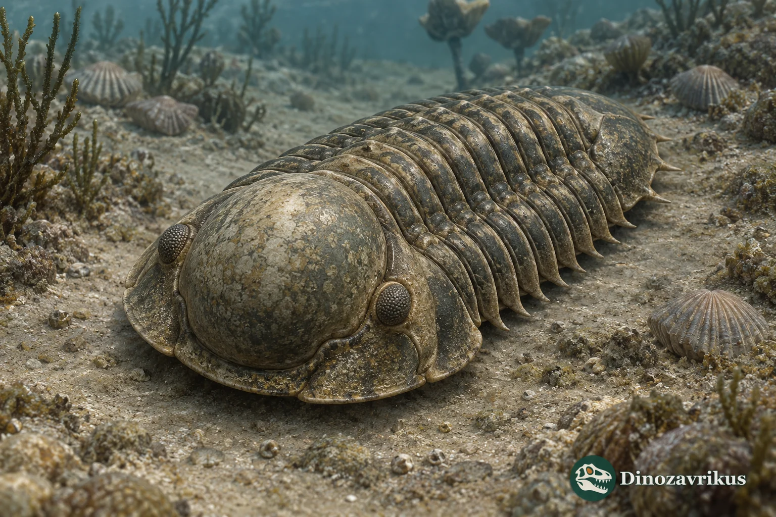 Sphaerexochus-like trilobite with a strongly rounded glabella on an Ordovician seafloor