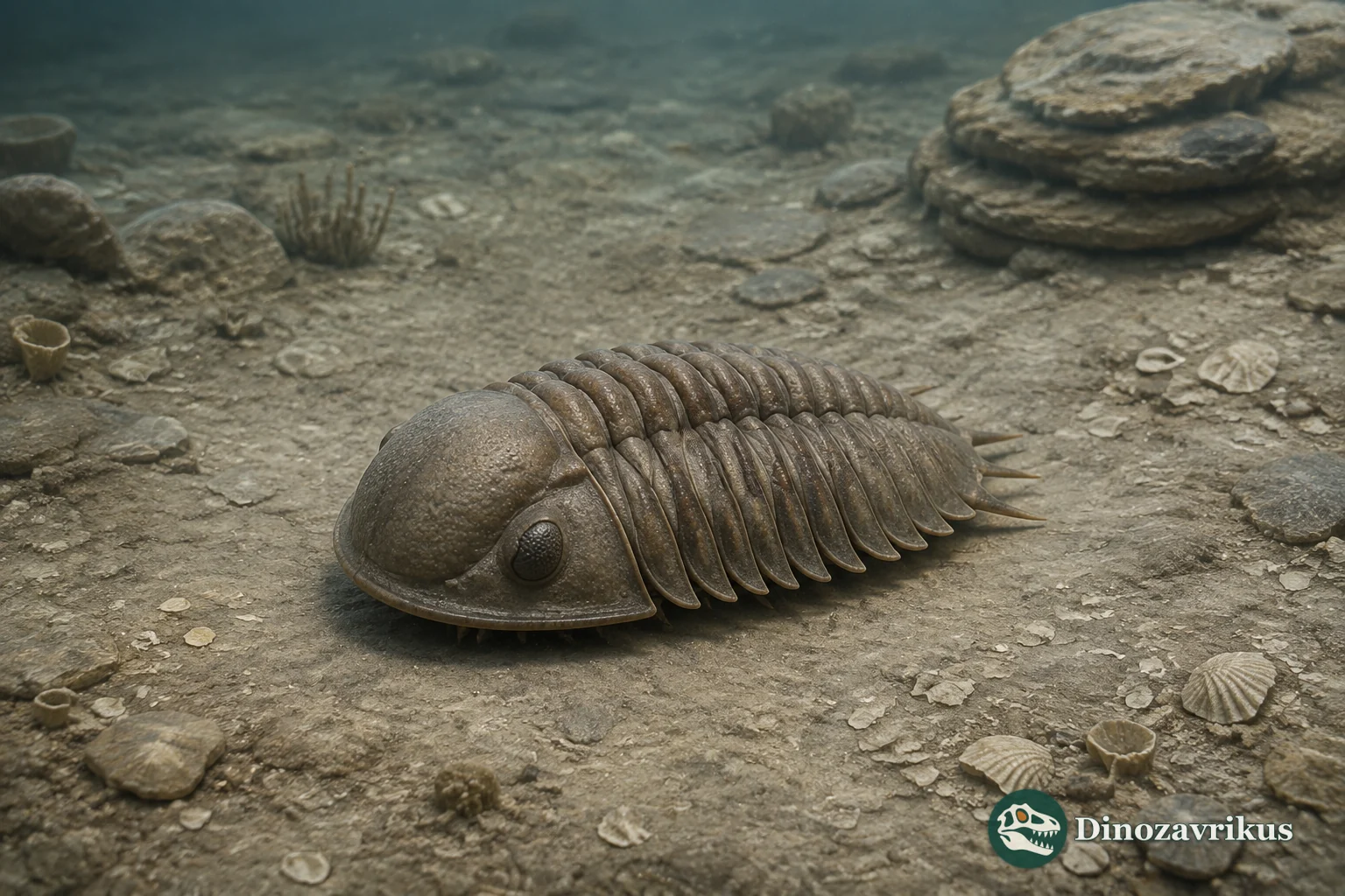 Sphaerocoryphe-like trilobite with inflated glabella and marginal spines on an Ordovician seafloor
