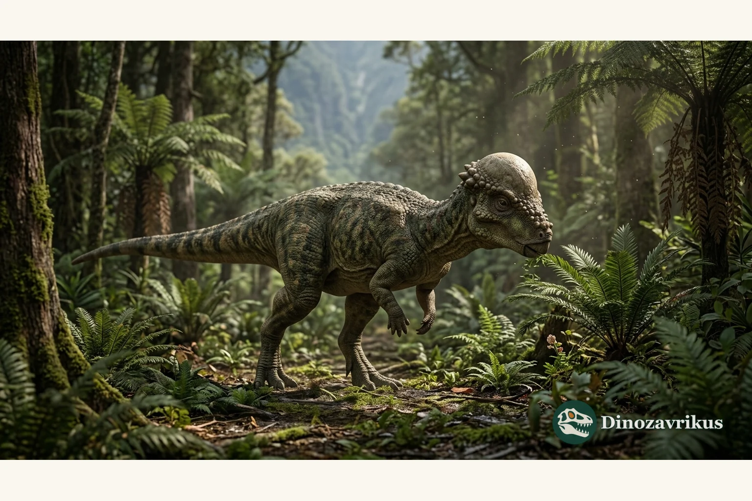 Scientific reconstruction of Sphaerotholus, a small pachycephalosaur with a rounded skull dome