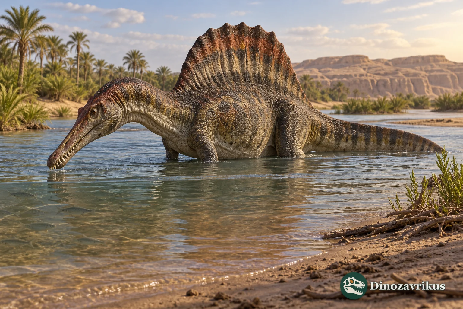 Spinosaurus moving beside a shallow river margin