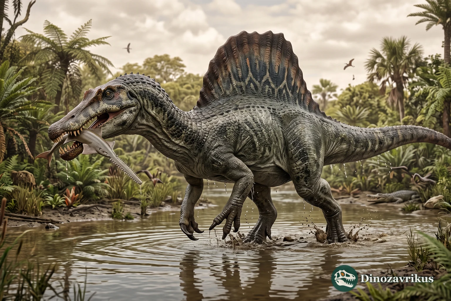 Artist's reconstruction of Spinosaurus carrying a large fish in shallow water