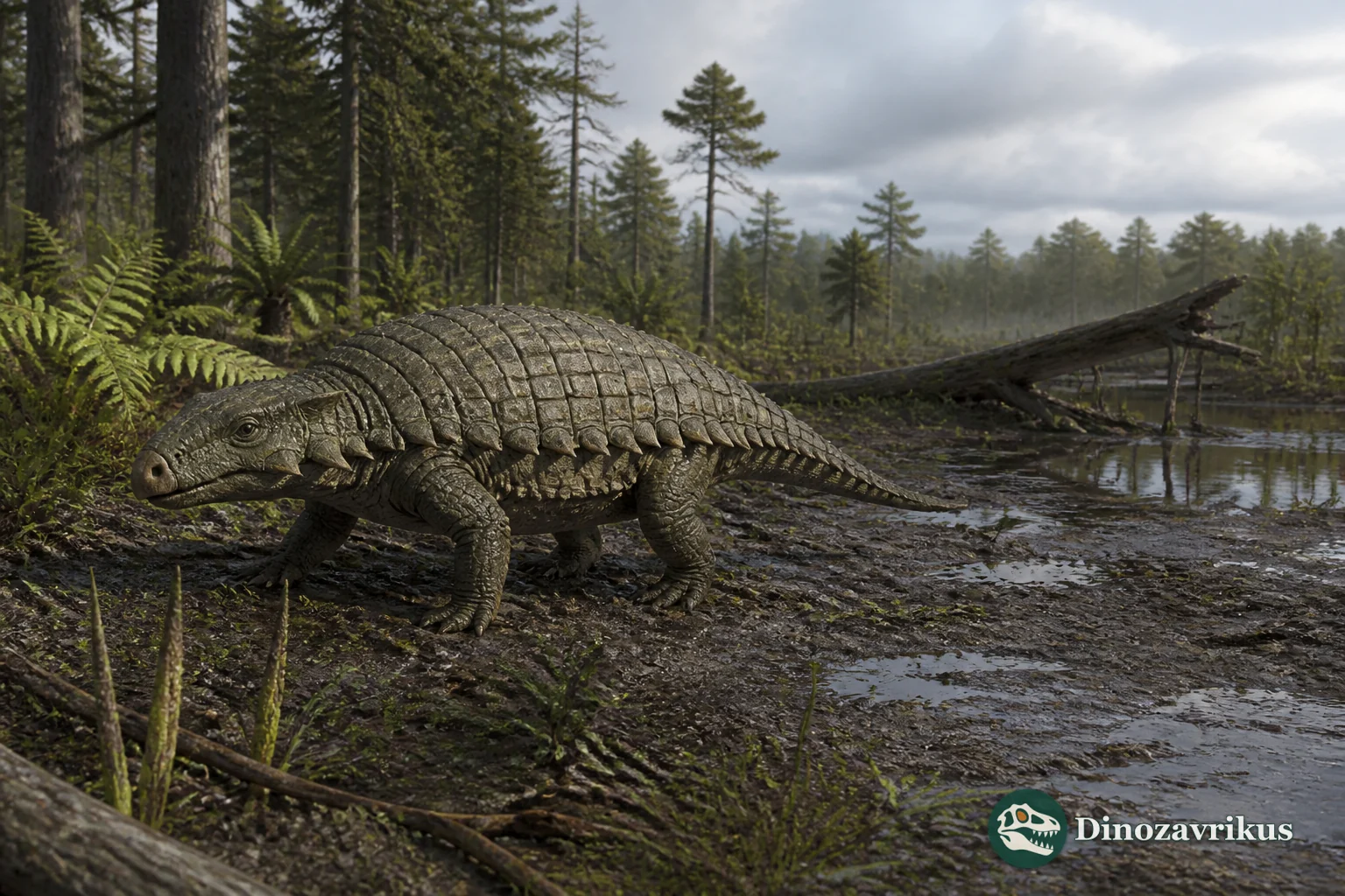 Stagonolepis reconstructed as a low-slung armoured aetosaur in a Late Triassic Scottish landscape