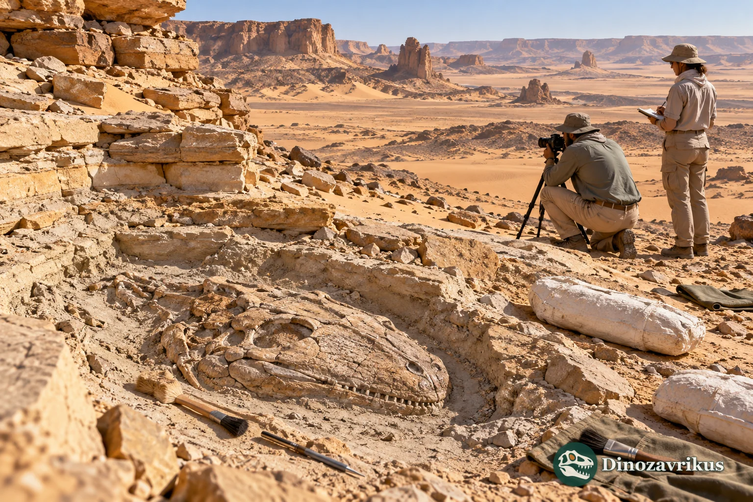 Illustrative fieldwork at a Triassic fossil outcrop in the Sahara