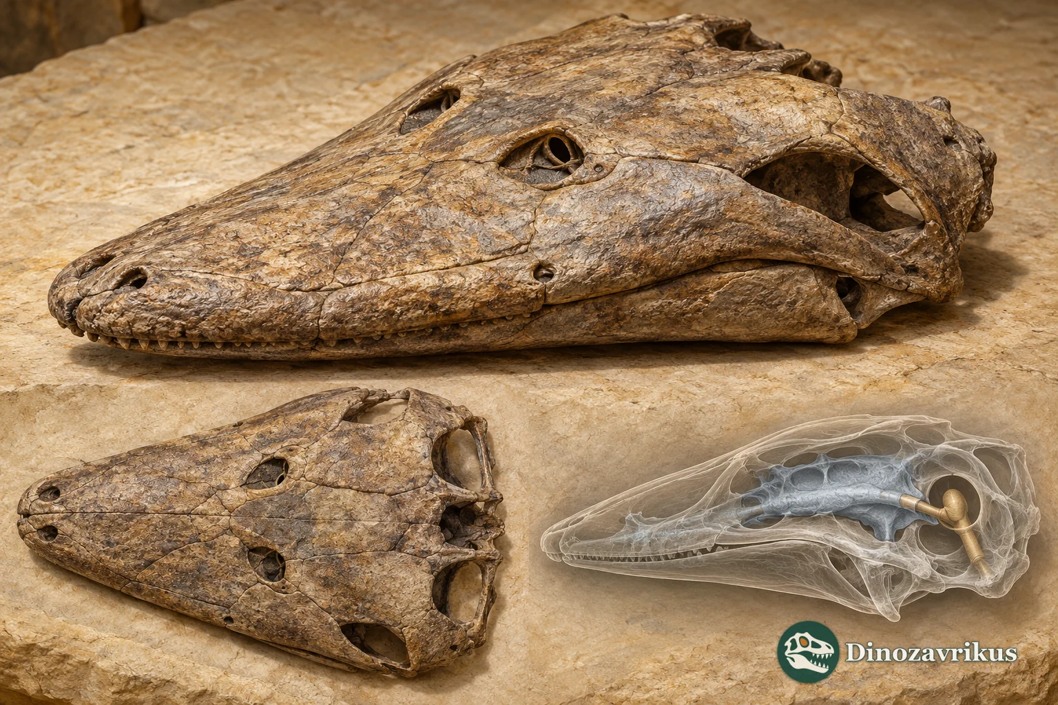 Interpretive views of a Stanocephalosaurus skull and a micro-CT-style braincase rendering