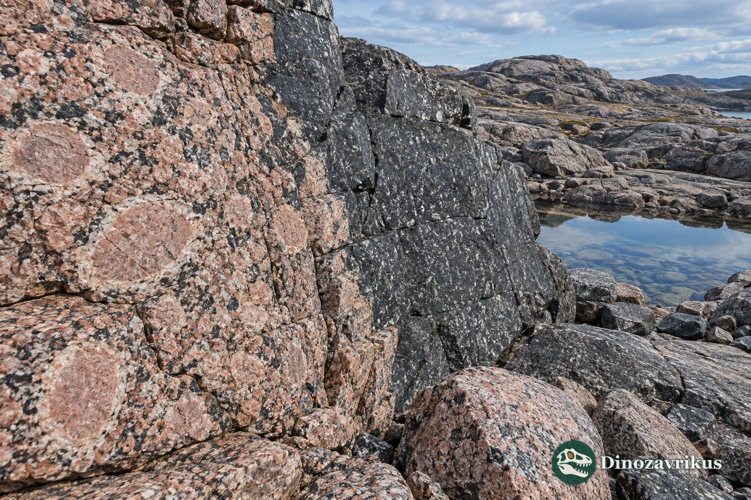 Pink rapakivi granite in contact with darker anorthosite