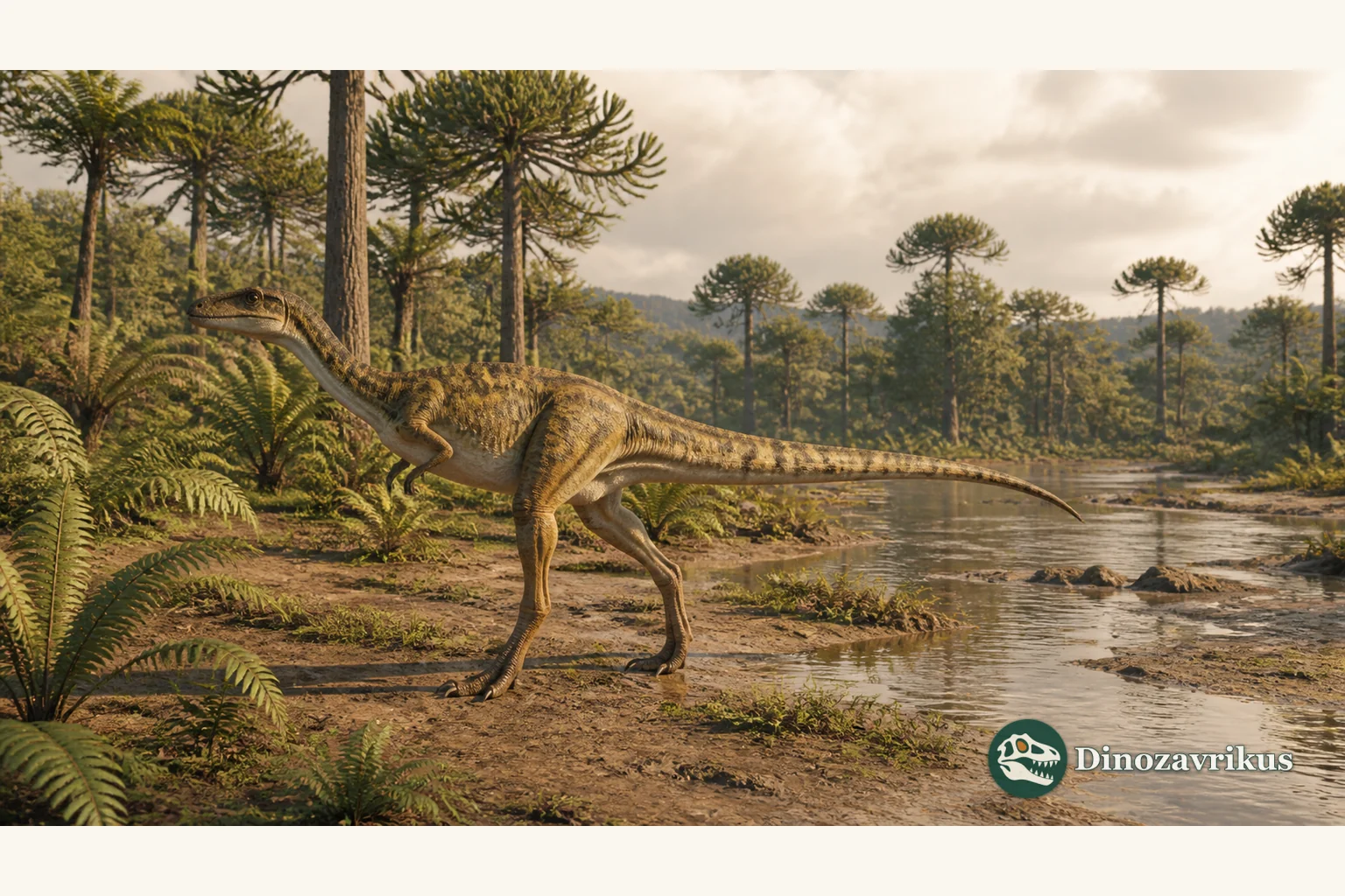 Staurikosaurus reconstructed beside a Late Triassic river