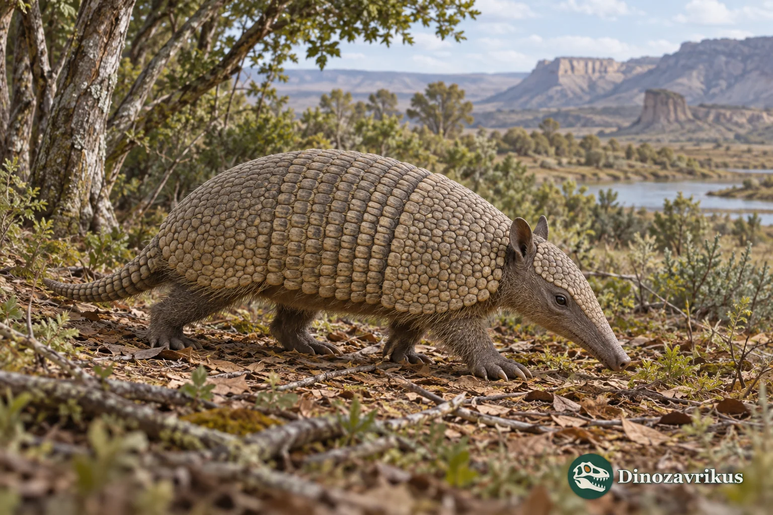 Artistic reconstruction of Stegotherium in a Miocene Patagonian landscape