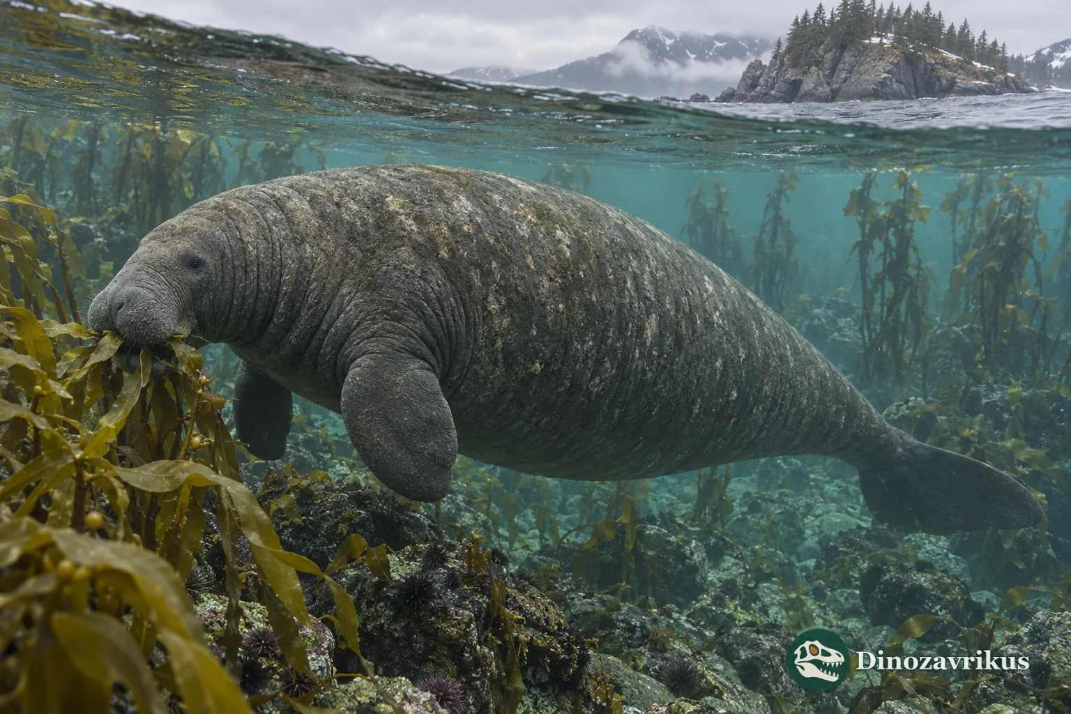Steller’s sea cow grazing on kelp in a cold North Pacific coastal forest