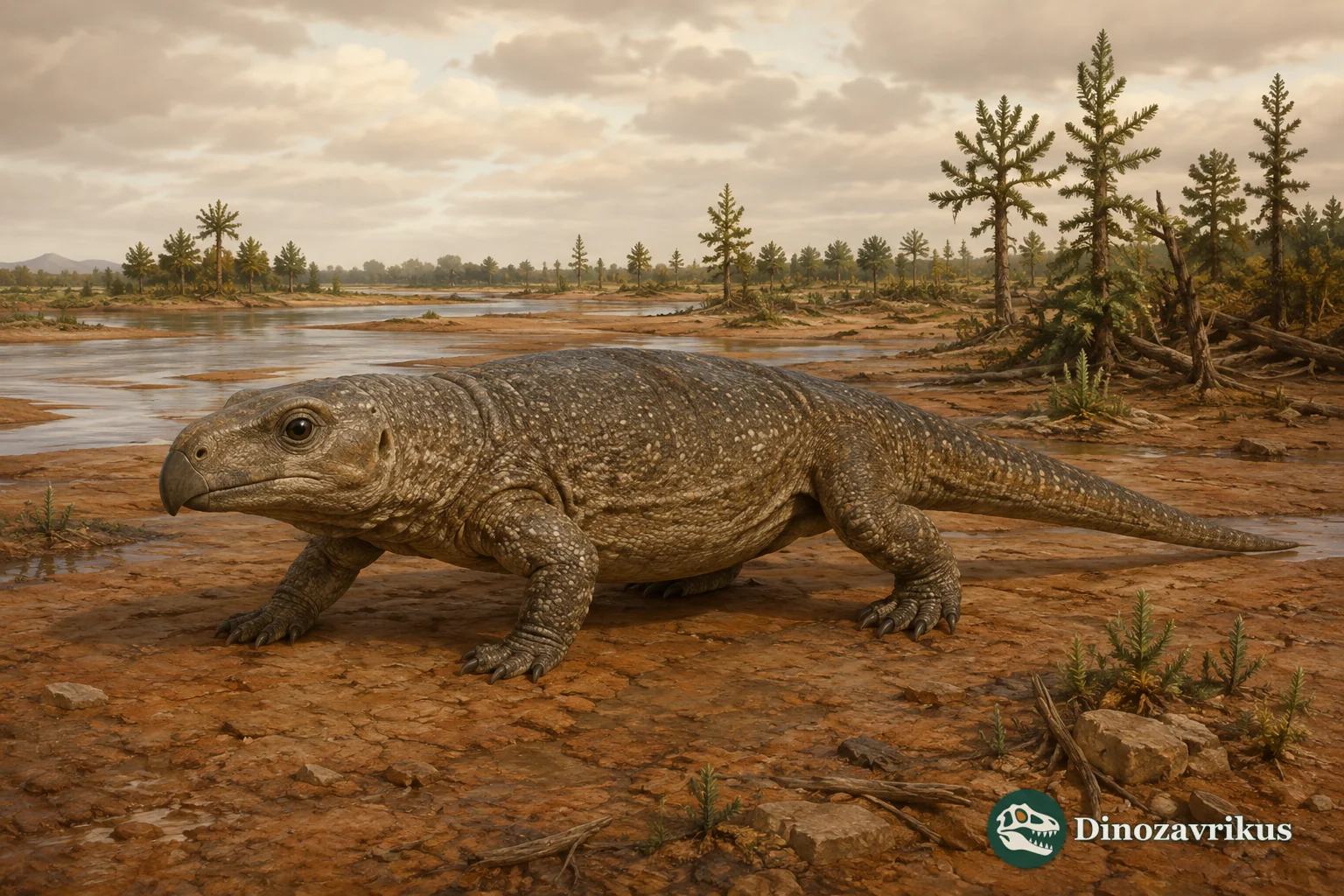 Stenaulorhynchus stockleyi browsing on low plants beside a Triassic floodplain in Tanzania