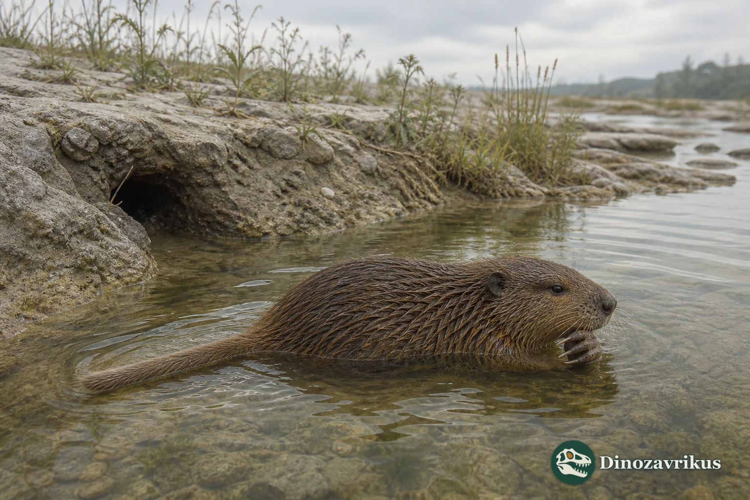 Steneofiber beaver beside a Miocene freshwater channel