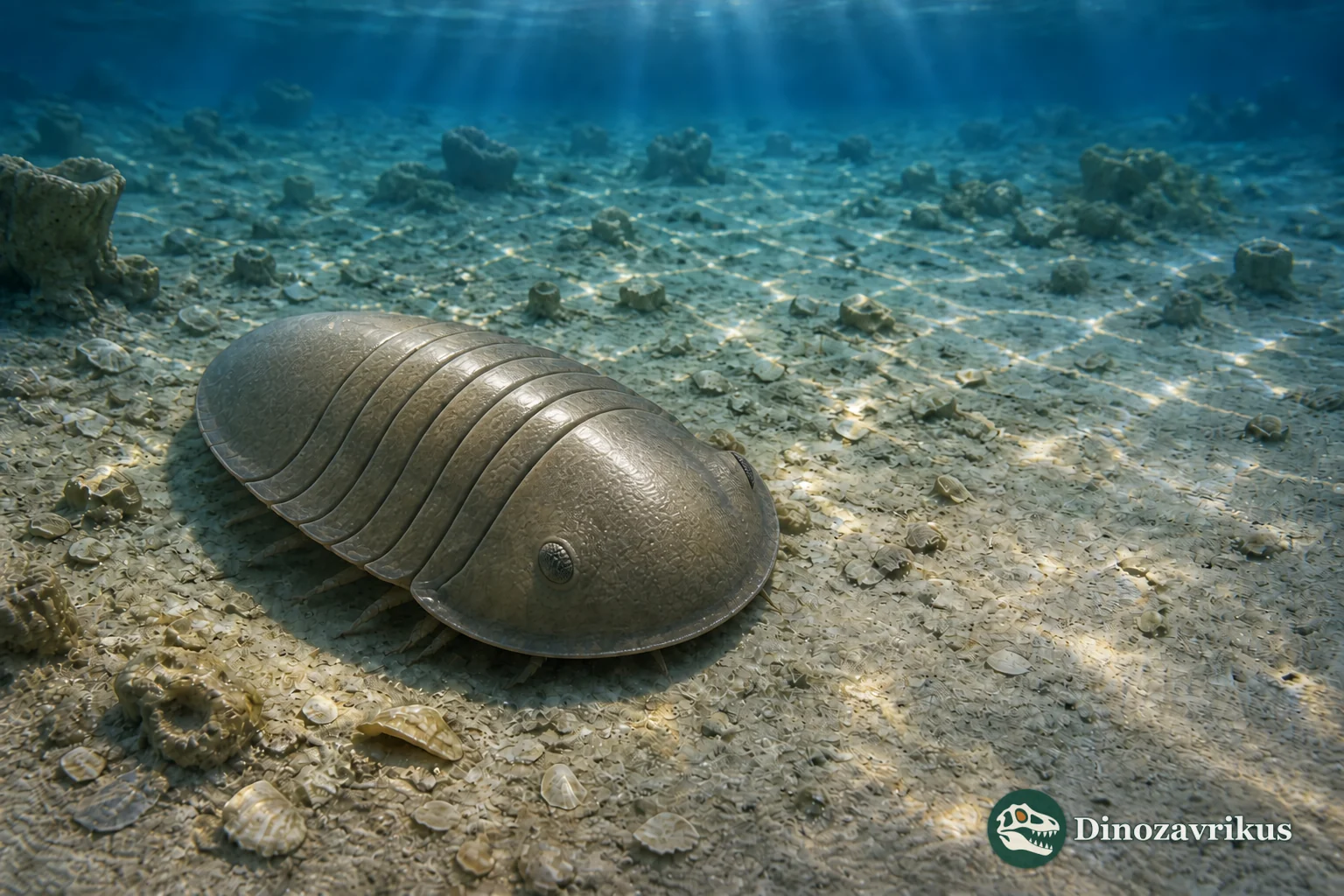 A broad, smooth-shelled Stenopareia trilobite on a shallow Ordovician seafloor