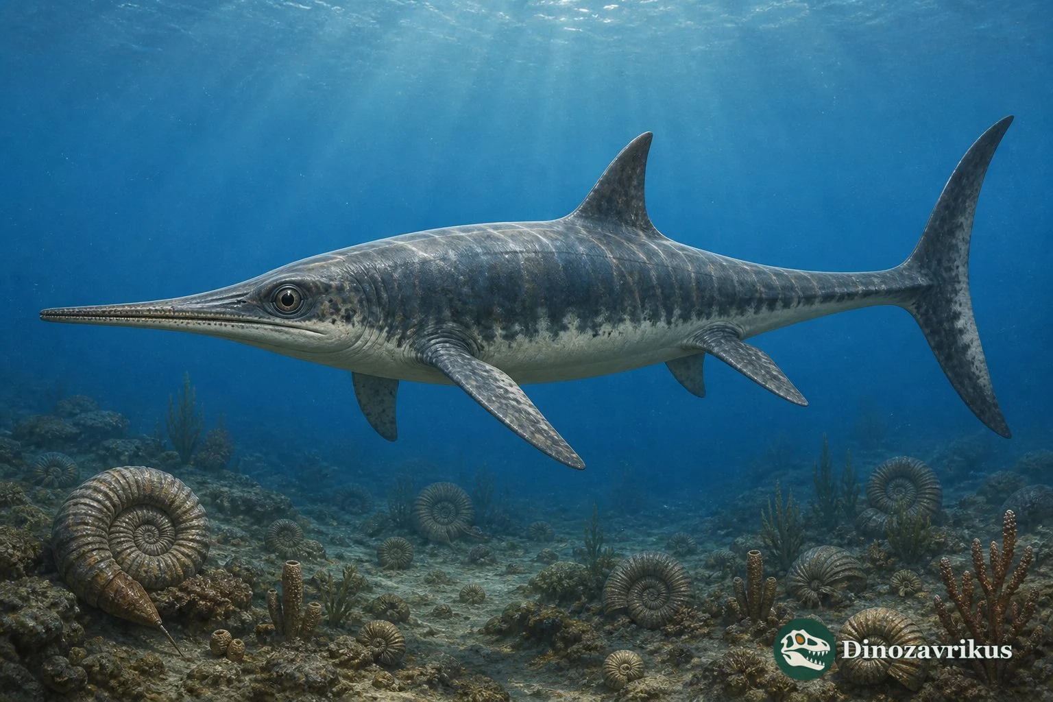 Stenopterygius swims above the Toarcian Posidonia Shale seabed
