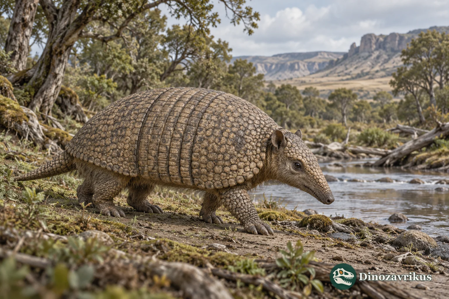 Artistic reconstruction of Stenotatus beside a Miocene Patagonian stream