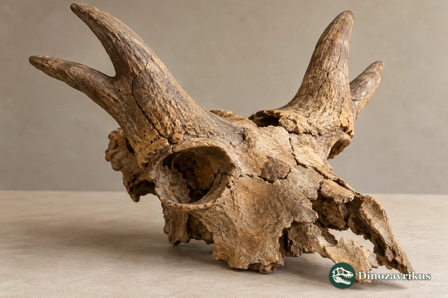 Illustrative fossil skull with two low-forked pronghorn horn cores