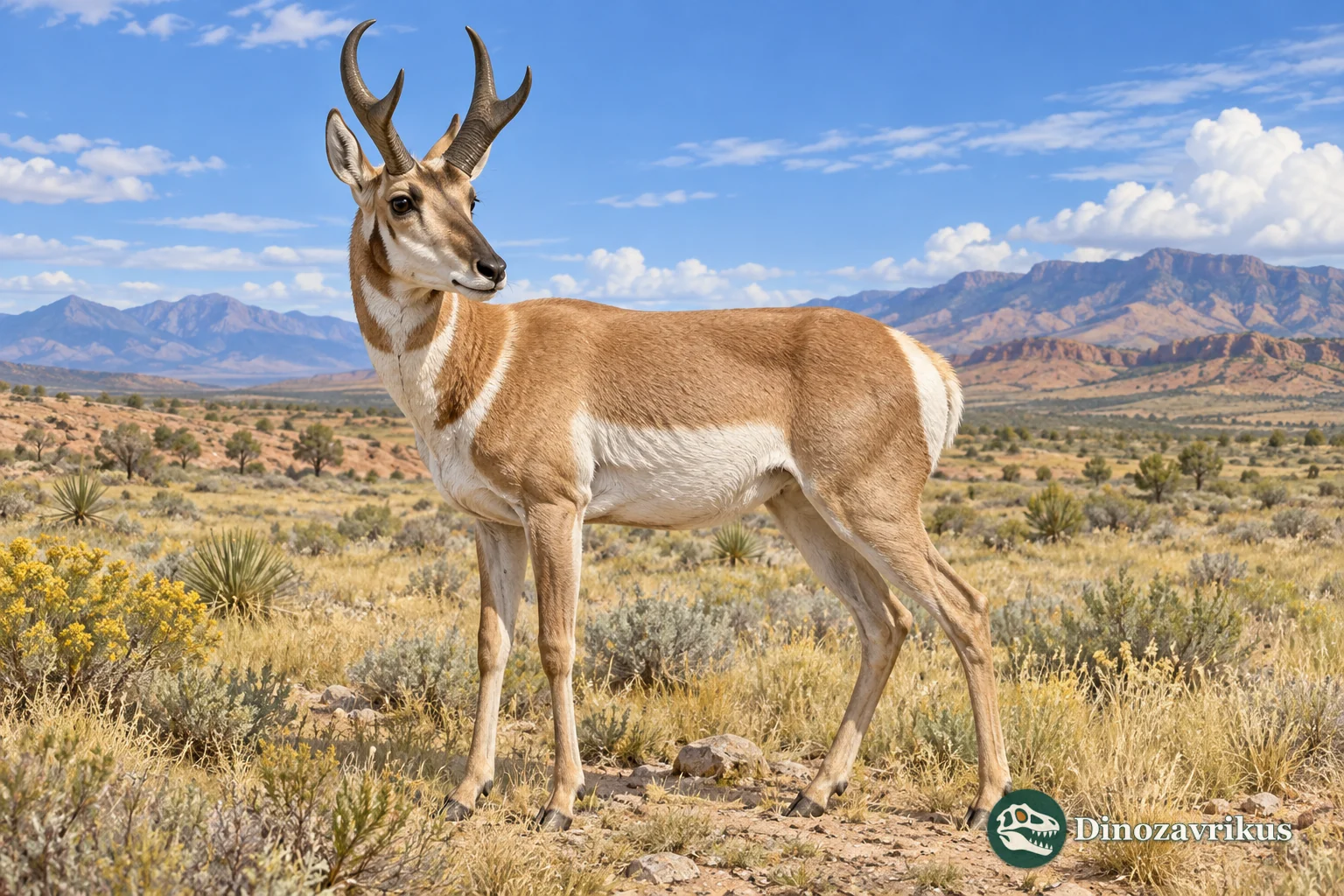 Artistic reconstruction of Stockoceros with two low-forked horns on a North American grassland