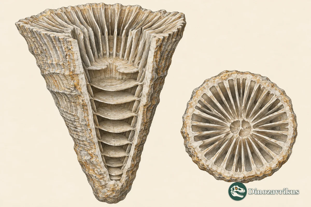 Educational diagram of Streptelasma showing septa and tabulae in longitudinal and cross-section