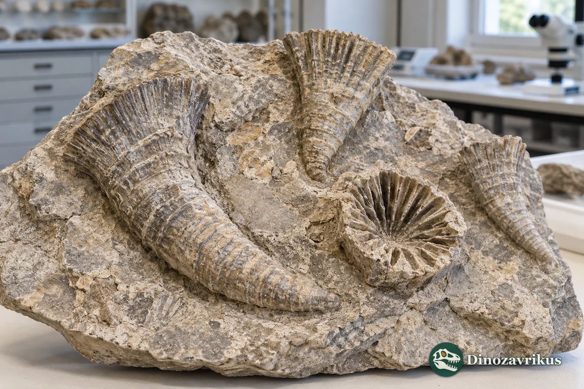 Educational reconstruction of separate Streptelasma corallites in a limestone slab