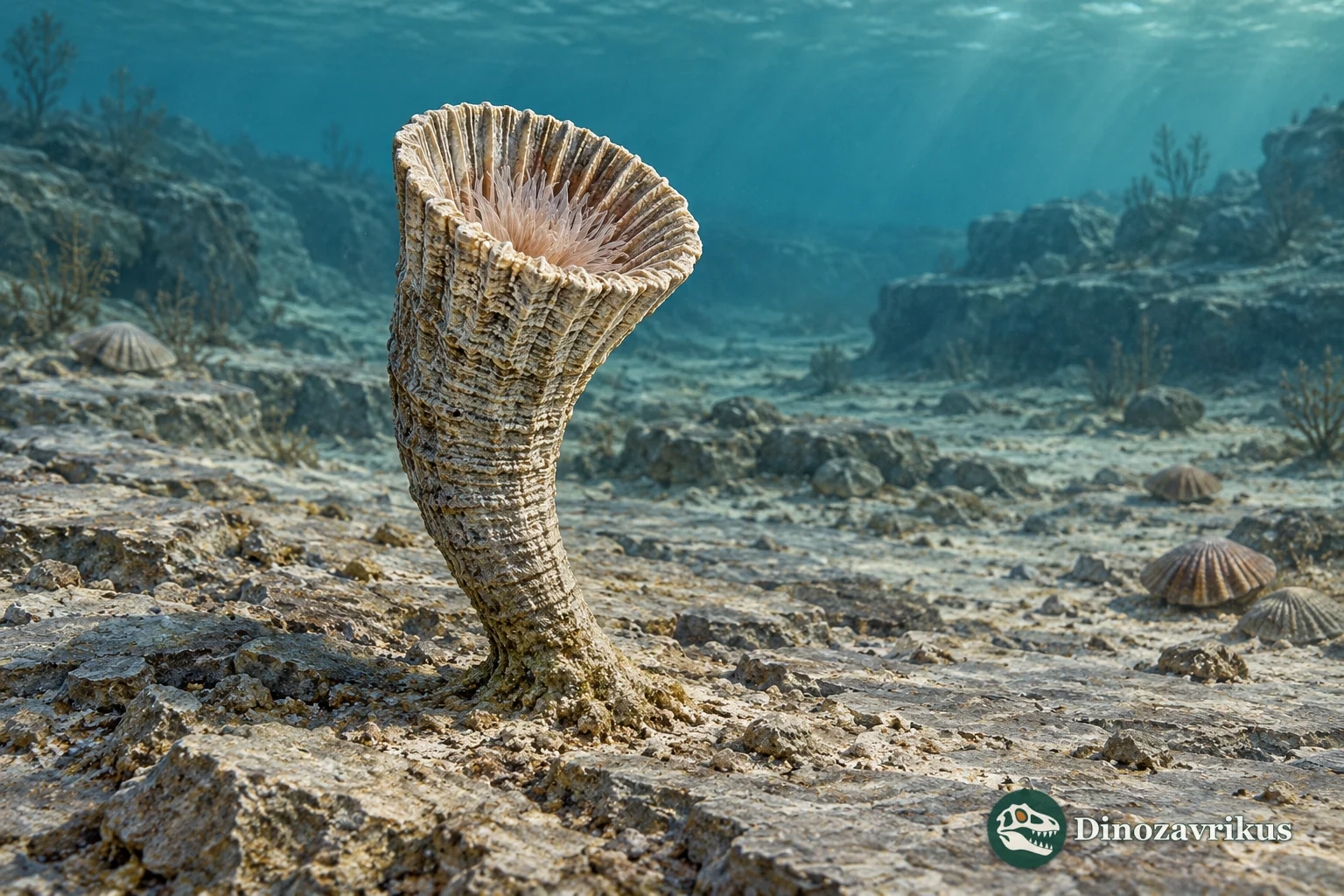 Scientific reconstruction of a solitary Streptelasma rugose coral on an Ordovician sea floor