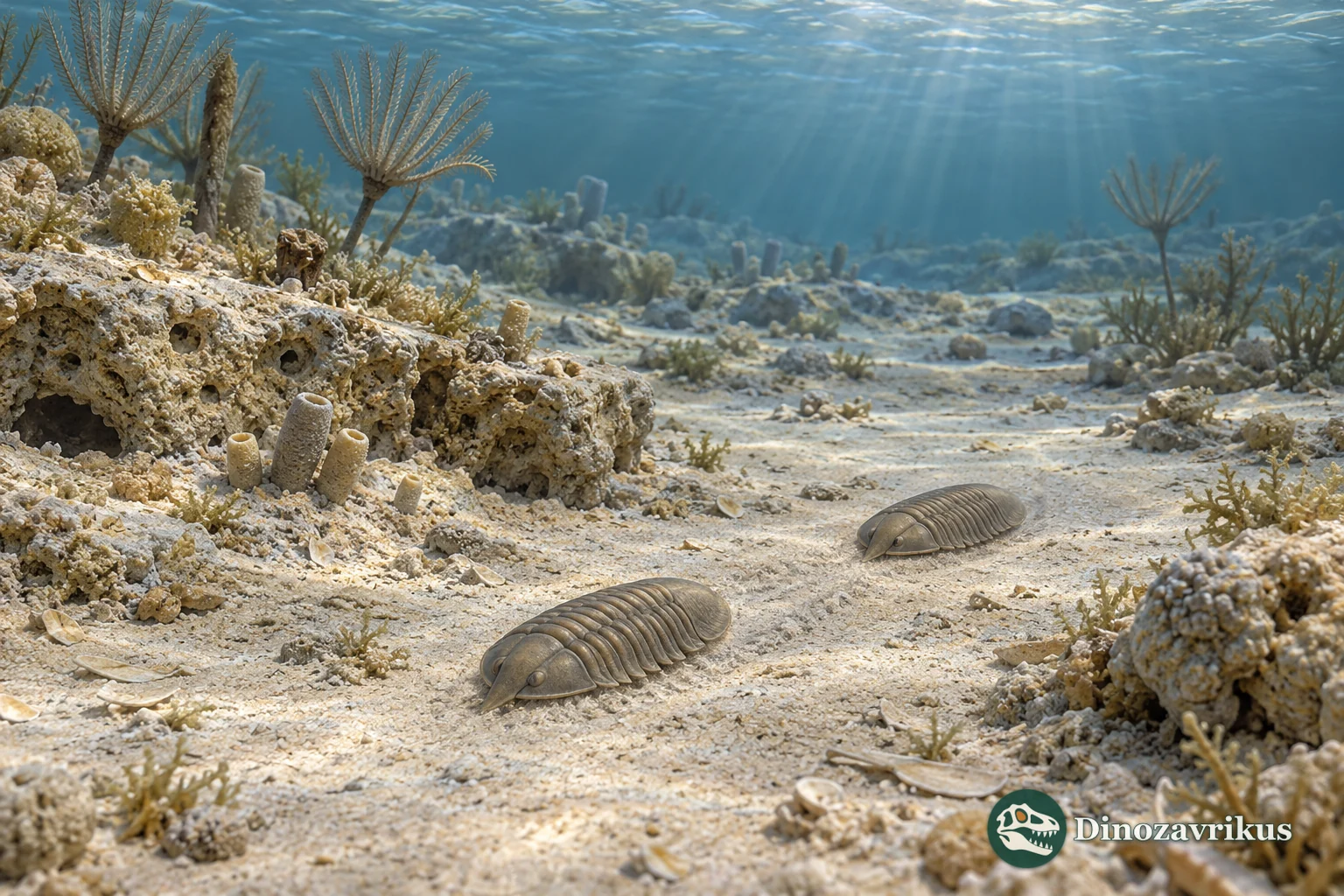 Artistic reconstruction of an Ordovician shallow sea floor with trilobites