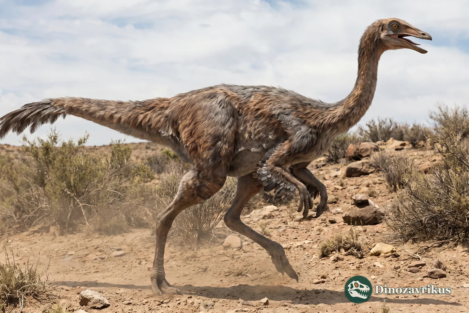 Feathered reconstruction of Struthiomimus running across a dry Late Cretaceous plain