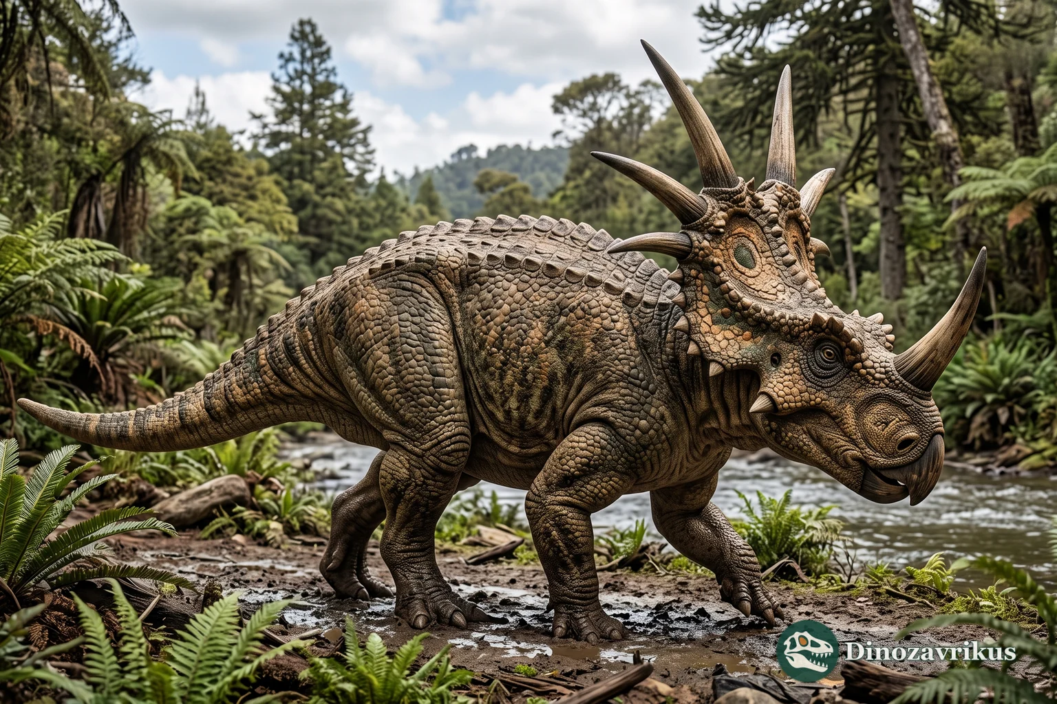 Reconstruction of Styracosaurus beside a wooded river