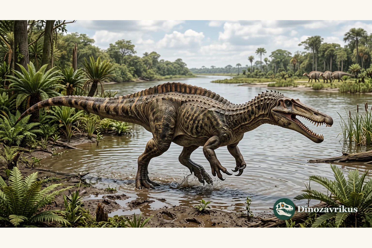 Suchomimus walking beside an Early Cretaceous river channel in Niger, with a long narrow snout and powerful forelimbs