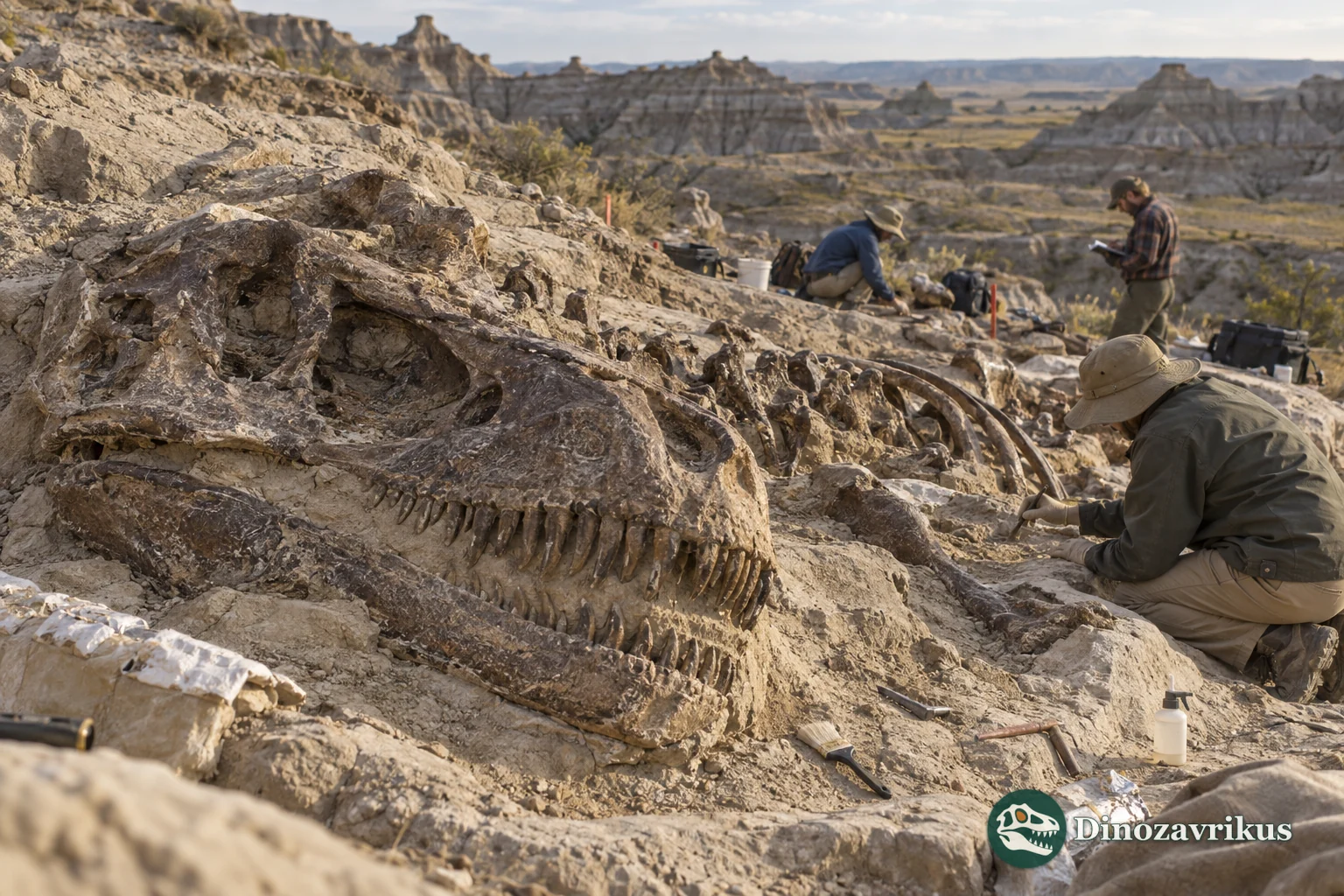 A fossil preparator working beside a partly exposed Tyrannosaurus skeleton in a South Dakota excavation