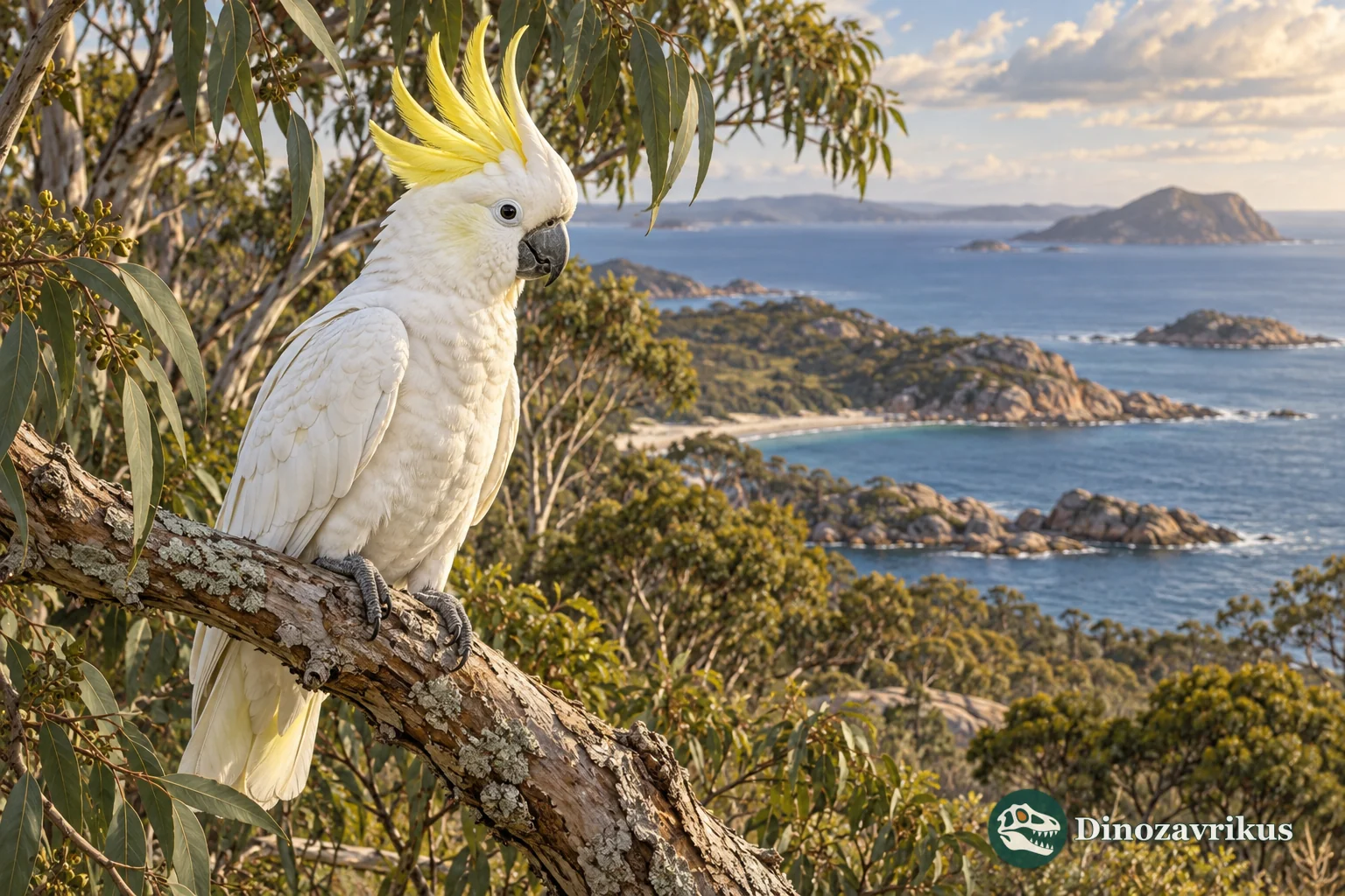 Sulphur-crested cockatoo in coastal woodland near an island shoreline