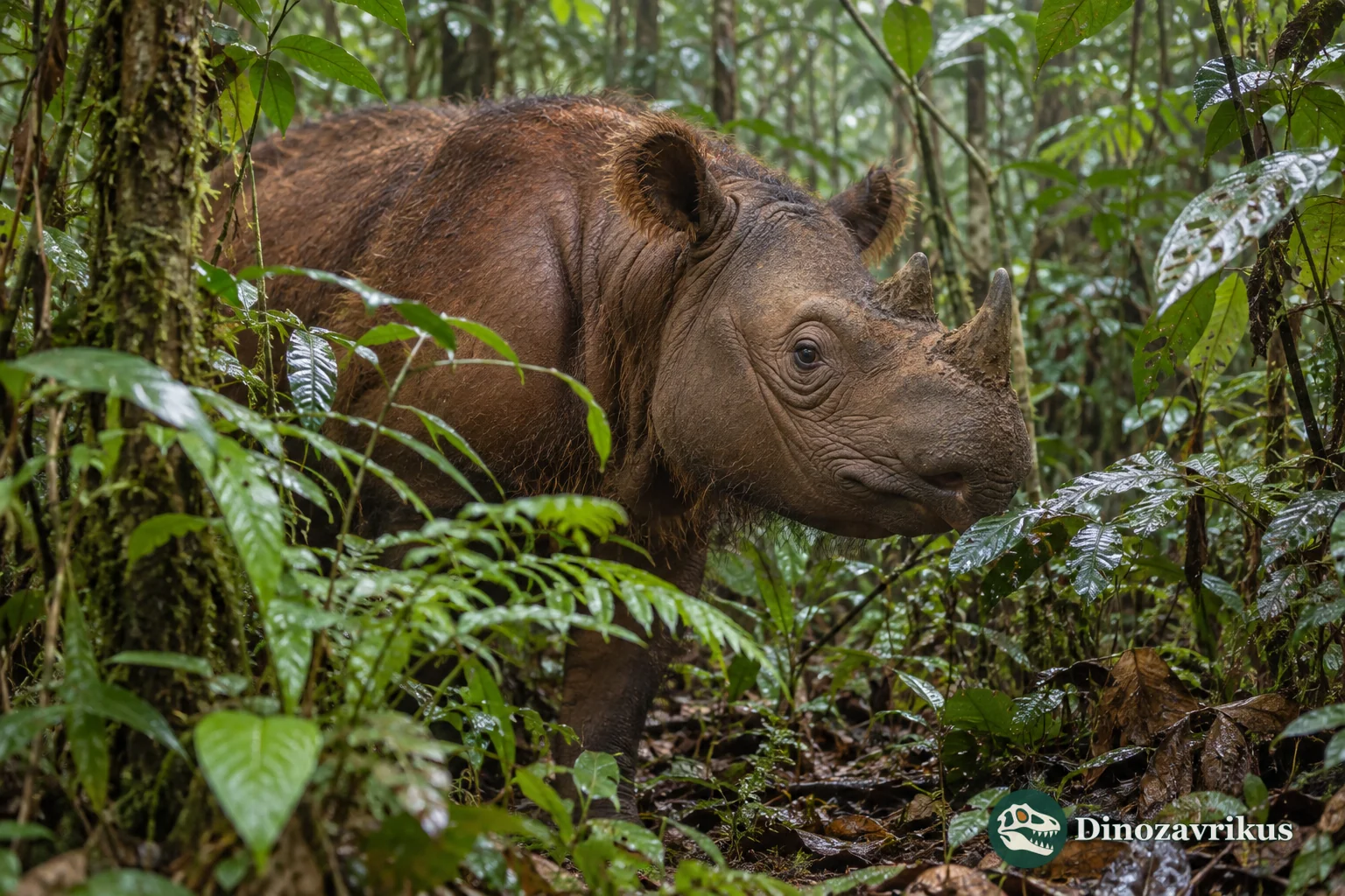 Hairy two-horned Sumatran rhinoceros in rainforest understory