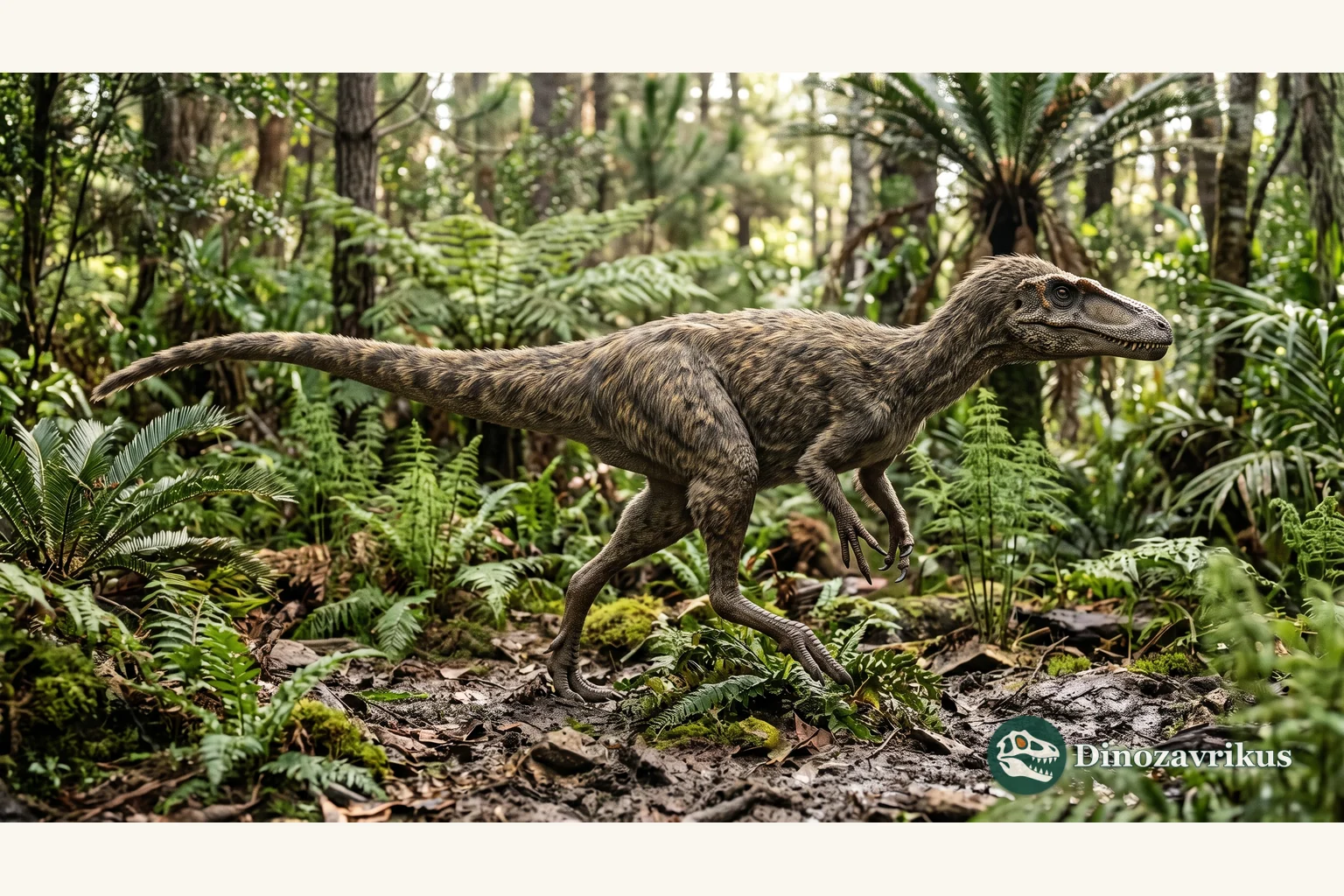 Scientific reconstruction of the small feathered-looking tyrannosauroid Suskityrannus in a Cretaceous New Mexico setting