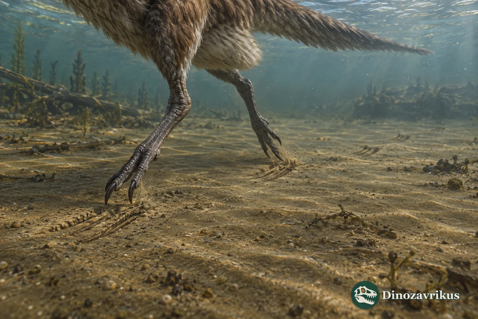 Hind feet of a buoyant theropod brushing a soft lake bed with their claws