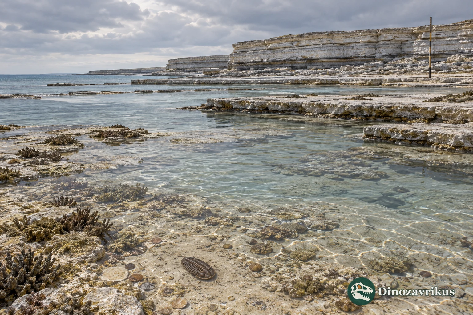Conceptual Cambrian–Ordovician carbonate platform with fossil-bearing sediment layers