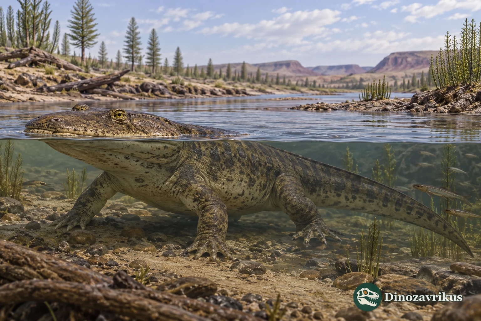 Syrtosuchus samarensis in a shallow Early Triassic river system