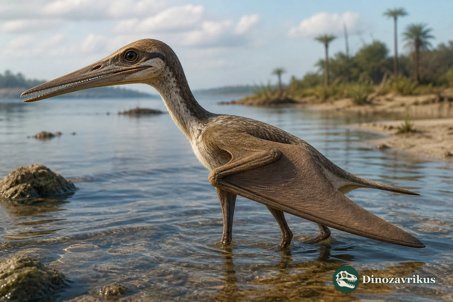 Tacuadactylus probing shallow Jurassic water in Uruguay