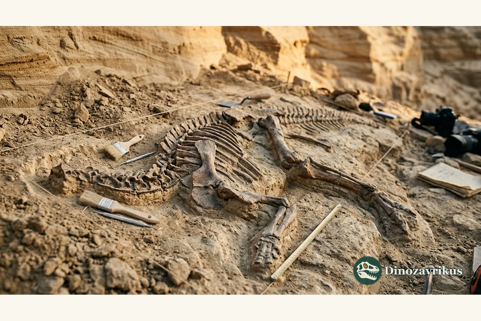 A fossil skeleton exposed and documented at an excavation site