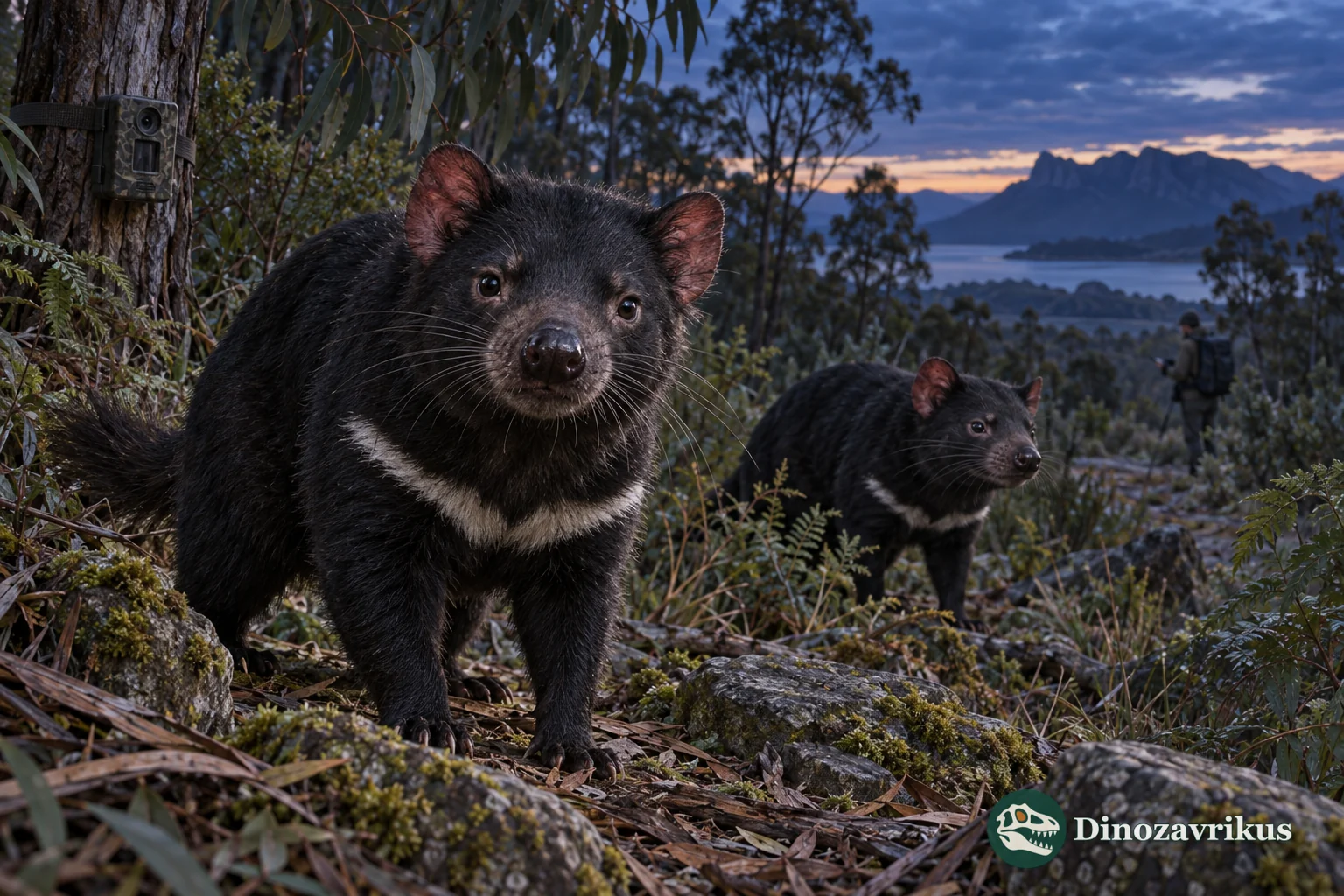 Two healthy Tasmanian devils in eucalyptus woodland at dusk