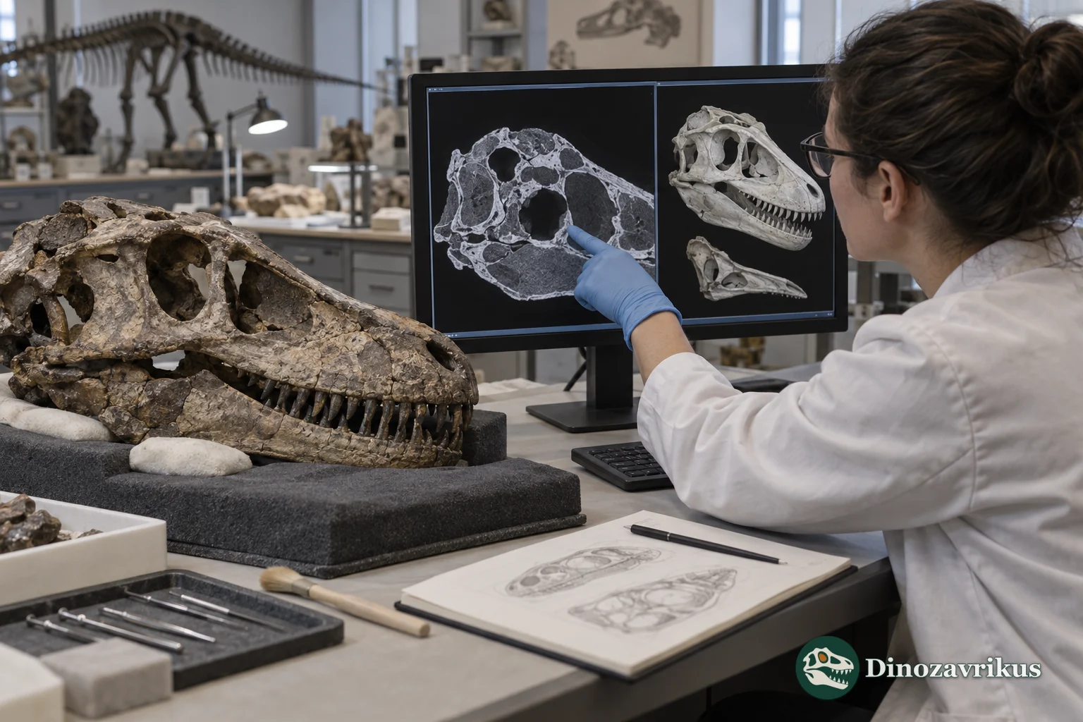 A close view of a dinosaur skull fossil that researchers can document and scan