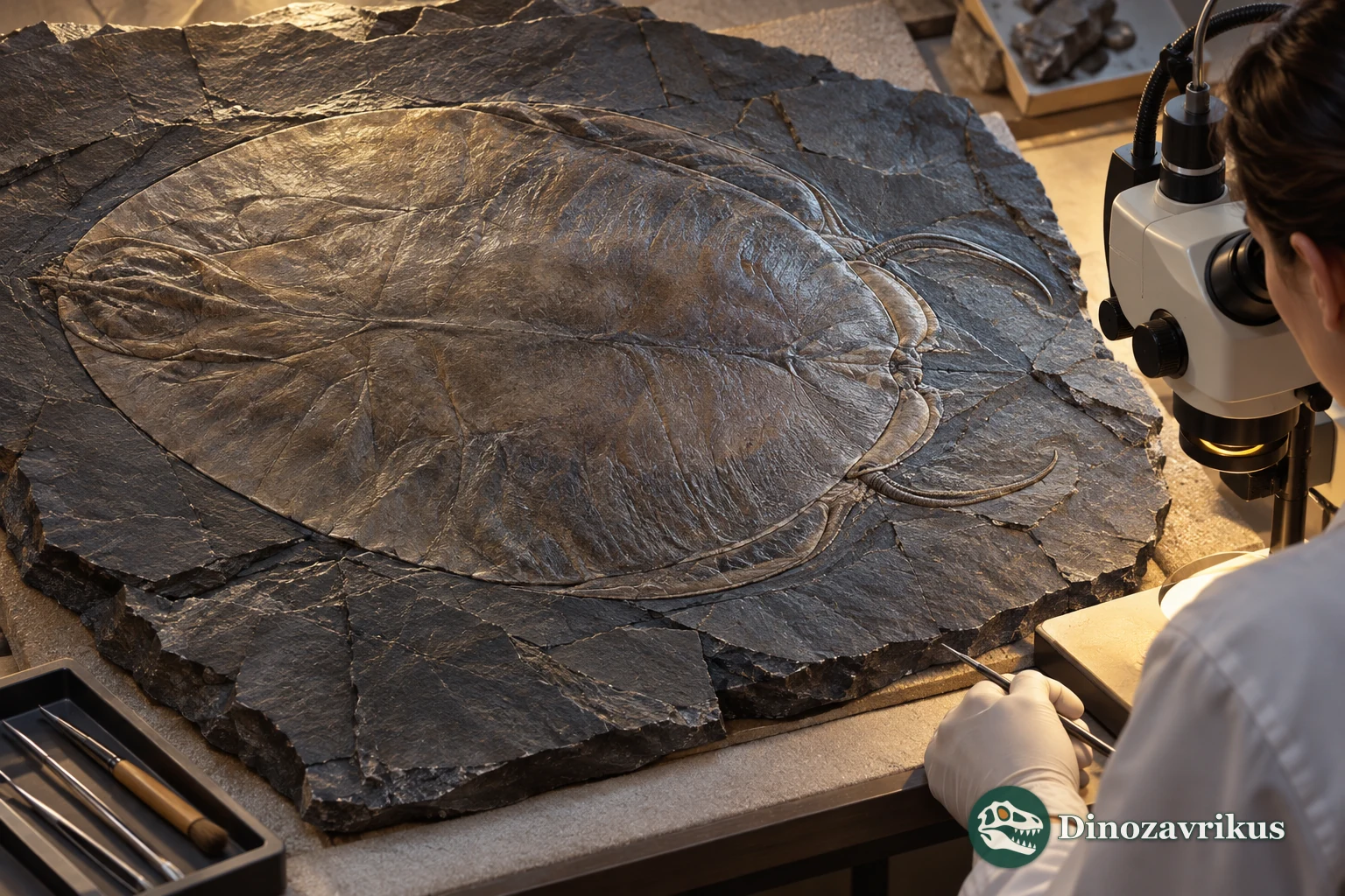 Illustrative museum scene showing a flattened shield studied under raking light