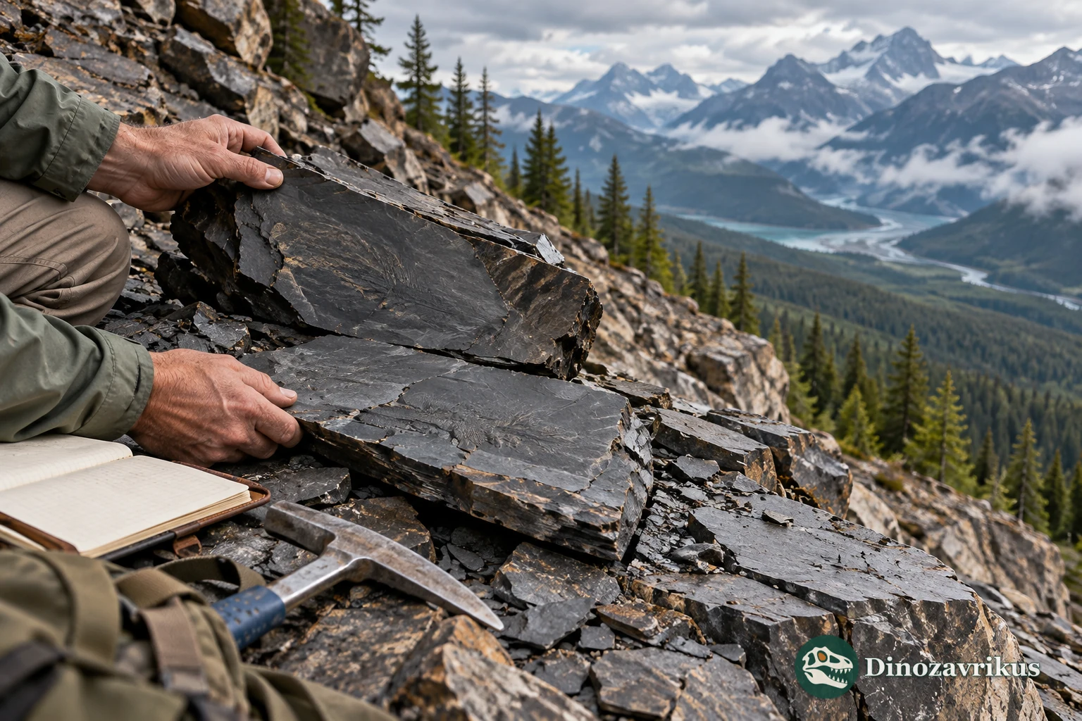 Illustrative field scene of a geologist examining Cambrian shale in the Canadian Rockies
