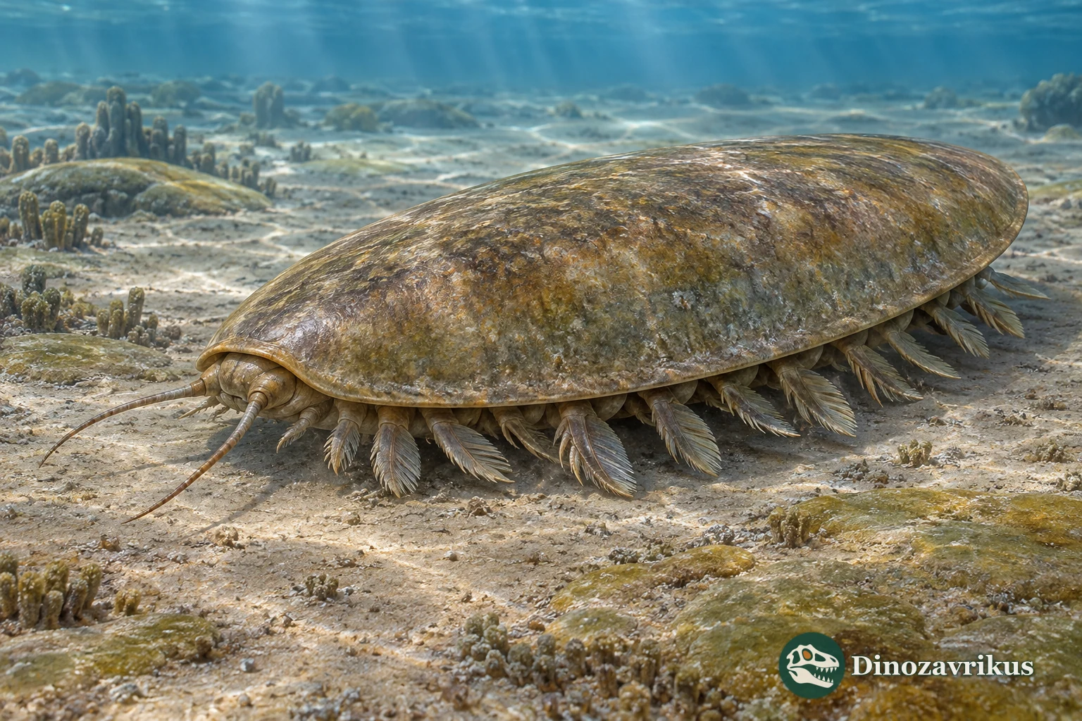 Scientific reconstruction of Tegopelte gigas walking beneath a broad, undivided dorsal shield