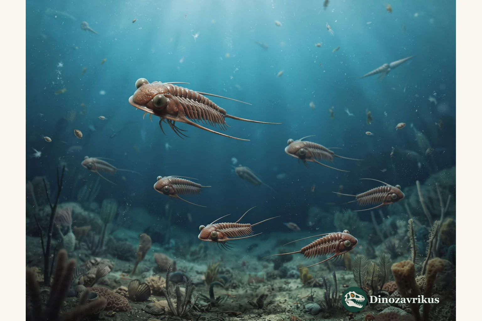 Several large-eyed Telephina trilobites moving through an Ordovician water column